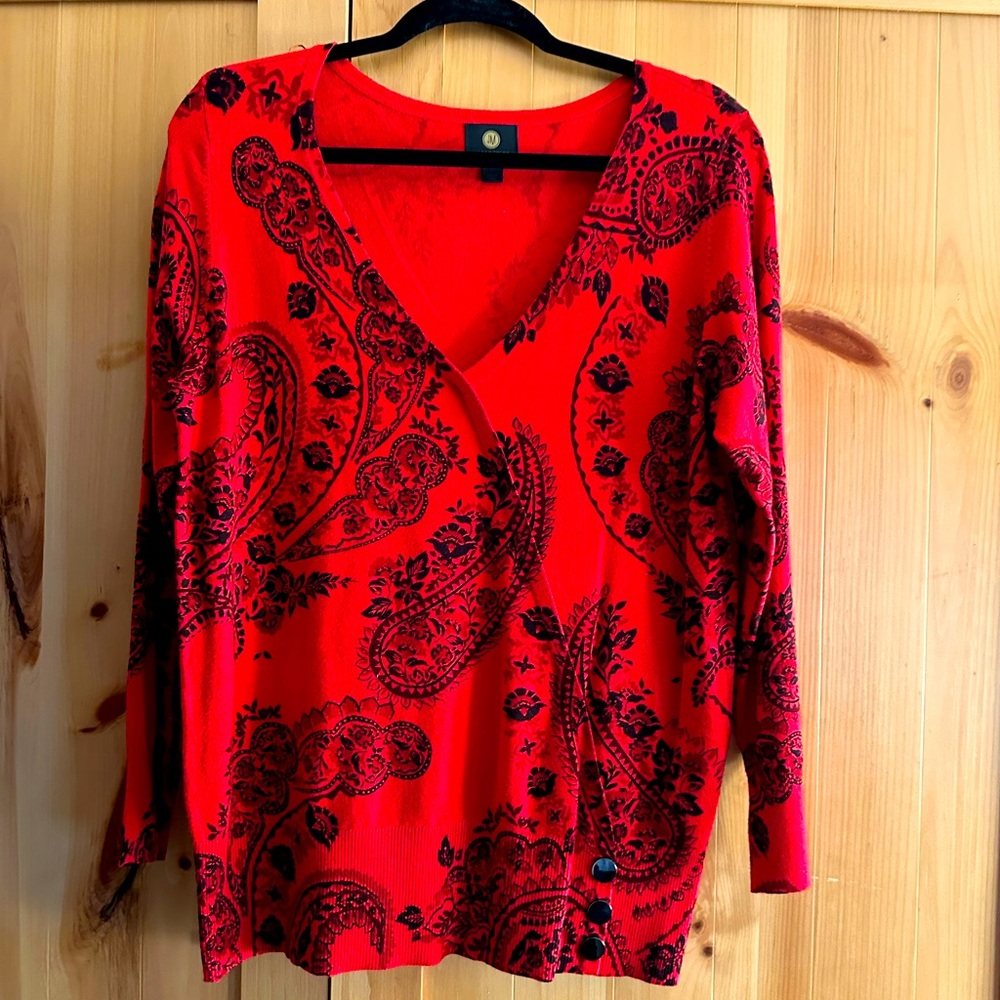JM Collection Red and Black Paisley Print Sweater Top